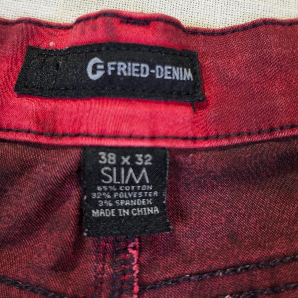 Fried Denim Mens Red Black Tie Dye Slim Fit Jeans 38x32 Streetwear One of a Kind - Picture 3 of 5